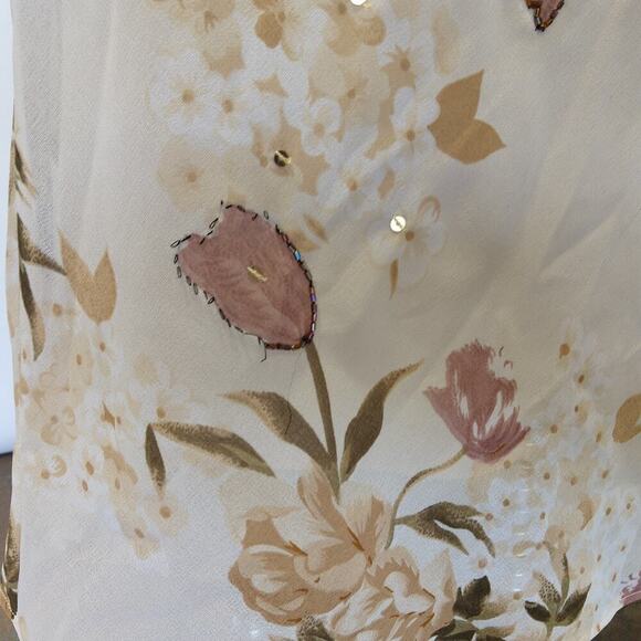 Vintage Y2K Floral Print Bias Cut Maxi Dress Size M Flutter Sleeve Ivory V Neck - Picture 9 of 10